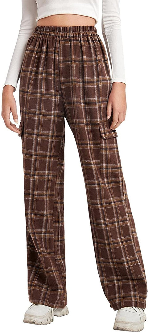 Womens Plaid Casual Pants High Elastic Waist Stripe Lightweight Trousers with Two Flap Pockets