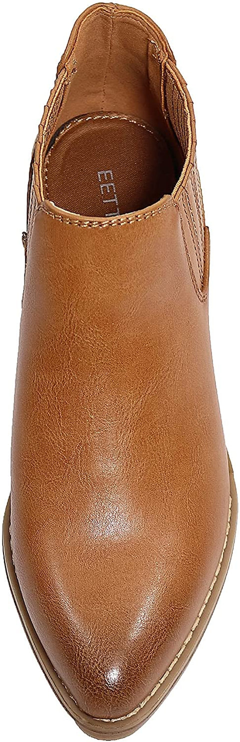 EETTARO Women's Block Heel Ankle Boots Pointed Toe Slip On Booties Elastic Gore Leather Shoes