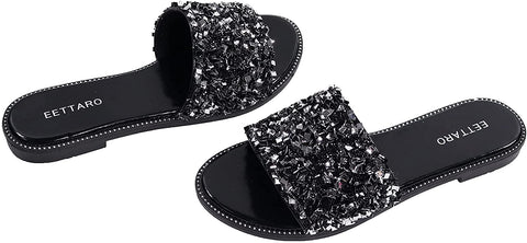 EETTARO Women's Glitter Shiny Slide Sandals Sparkle Fancy Flat Slippers Slip-on Jeweled Shoes