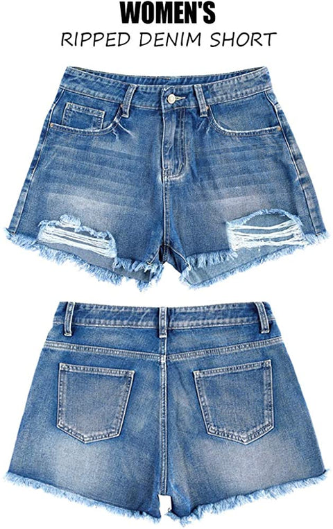 Karlywindow Women's Ripped Jean Shorts Mid Rise Stretchy Frayed Raw Folded Hem Casual Denim Shorts