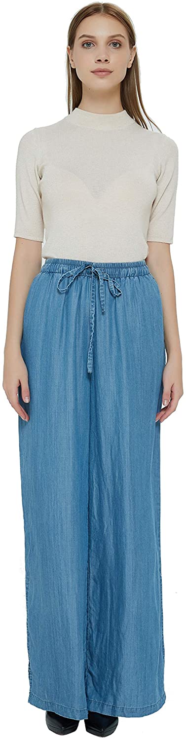 Womens Tencel Wide Leg Pants with Hem Slit and Drawstring