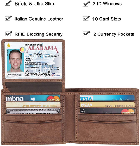 RFID Blocking Cowhide Leather Bifold Wallet for Men with 2 ID Windows