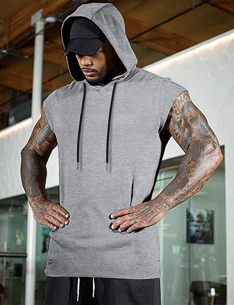 Men's Workout Hooded Tank Top Gym Muscle Cut Off Sleeve Bodybuilding Vest