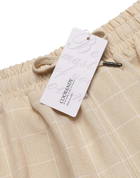 Men Cotton Linen Pajama Pants Elastic Drawstring Waist Sleepwear Plaid Pj Bottoms