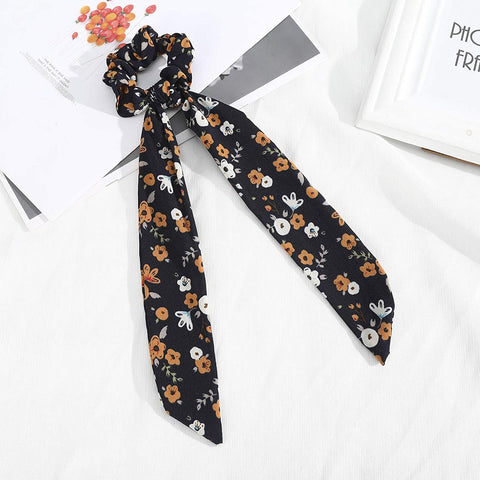 AWAYTR Chiffon Ponytail Hair Scarf Scrunchies - 4 Packs Flower Cashew Leopard Ripple Point Elastic Hair Ties Bow for Women (Floral(Yellow+White+Pink+Black))