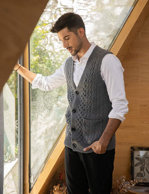 Mens Slim Fit V-Neck Cable Knit Sweater Vest with Front Button