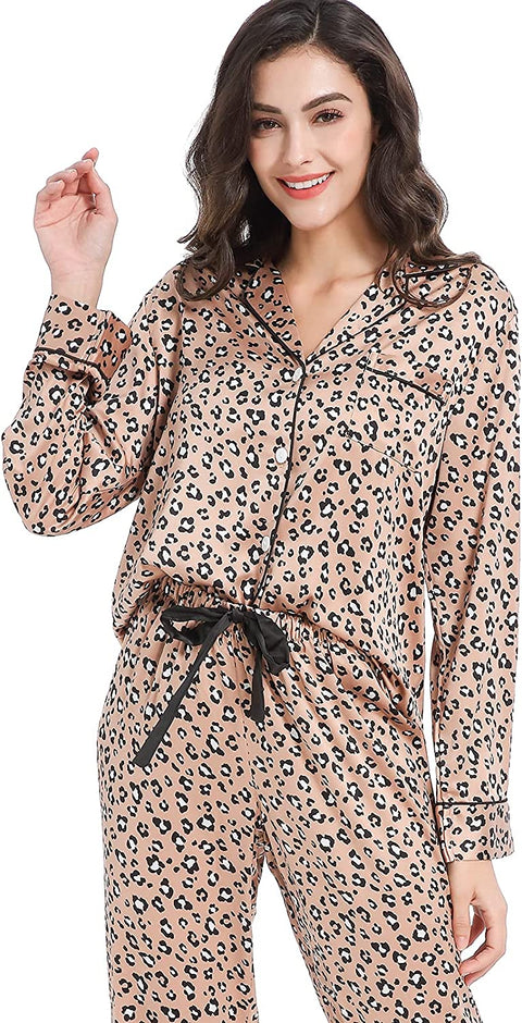 Women's Satin Pajama Set 2-Piece Sleepwear Loungewear Long Sleeve Button Down PJ Set