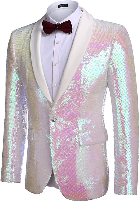 Men Shiny Sequin Blazer Tuxedo Party Dinner Prom One Button Suit Jacket