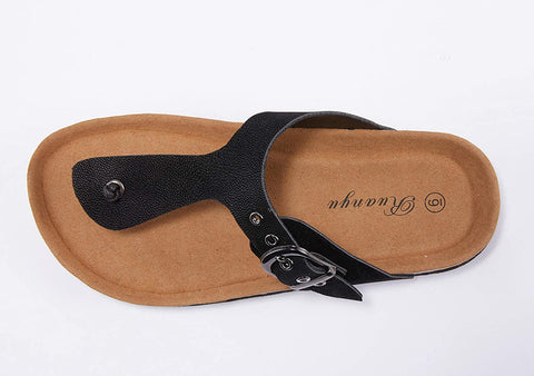 Womens Thong Sandals Slip-On Flats Adjustable T Strap Buckle Footbed Flip-Flop Cork Shoes