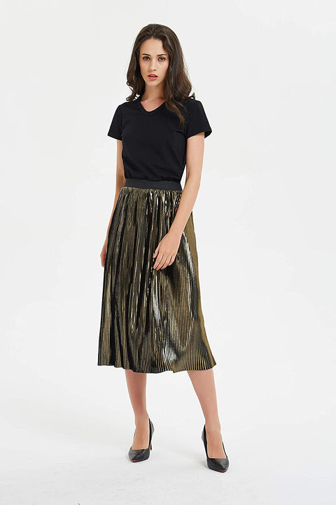 Womens Golden Metallic Shiny A Line Accordion Elastic Waistband Pleated Midi Skirt