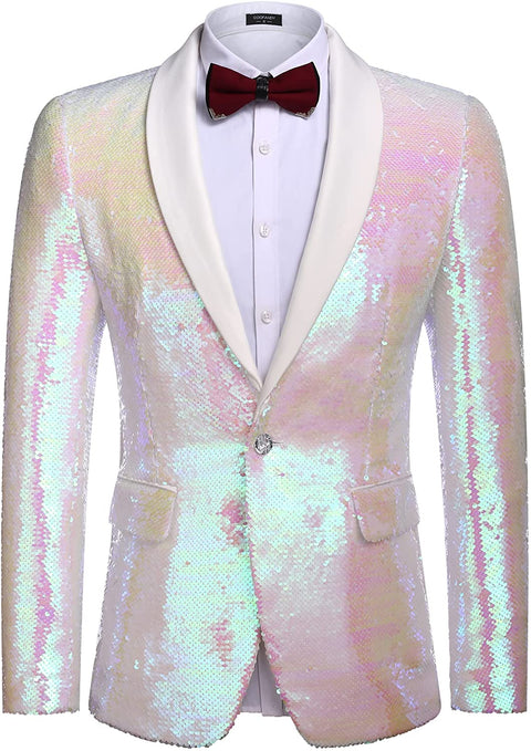 Men Shiny Sequin Blazer Tuxedo Party Dinner Prom One Button Suit Jacket