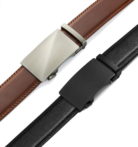 Belts Men, CHAOREN Leather Ratchet Belt 2 Pack with Click Sliding Buckle 1 3/8" in Gift Set Box - Adjustable Trim to Fit