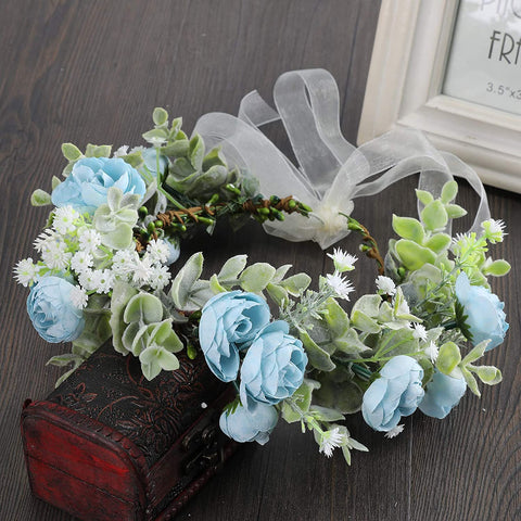 Flower Crown Headband Hair Garland - Bohemian Flower Headdress Hair Wreath Adjustable Halo Floral Headpiece for Women Girls Wedding Festival (Blue #1)