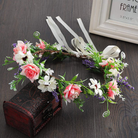Leaf Flower Crown Garland Headpiece - Handmade Hair Garland Floral Wreath Adjusatble Flower Headbands for Bridal Wedding Festival Party Flower Leaves Crown (Pink + White)