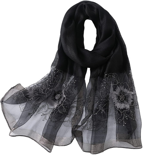 WINCESS YU Women Mulberry Silk Scarf Long & Large Embroidered Floral Pattern Shawl and Wraps Neckerchief for Hair & Neck
