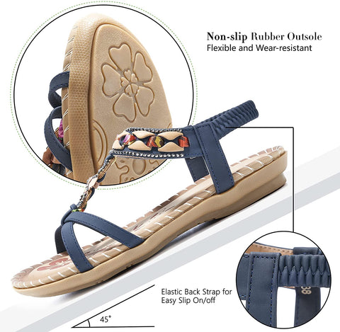 Womens Summer Comfort Flats Sandals with Elastic Ankle Strap Casual Gladiator Bohemian Rhinestone Shoes Beach Slip On Sandals Open Toe