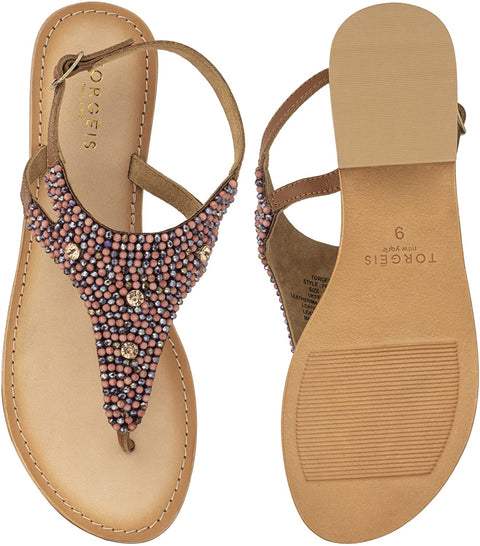 Torgeis Women's Vega Slingback T-Strap Thong Flats Flip-Flops Sandals, Round Open Toe, Leather Outsole