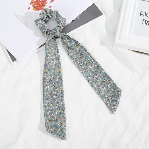 AWAYTR Chiffon Ponytail Hair Scarf Scrunchies - 4 Packs Flower Cashew Leopard Ripple Point Elastic Hair Ties Bow for Women (Floral(Black+Beige+Yellow+Black))