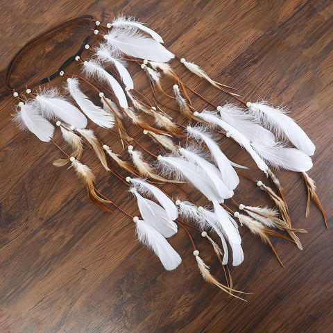 Hippie Feather Headband Indian headband - Handmade Feather Lightweight Indian Fashionable Style Headband (White)