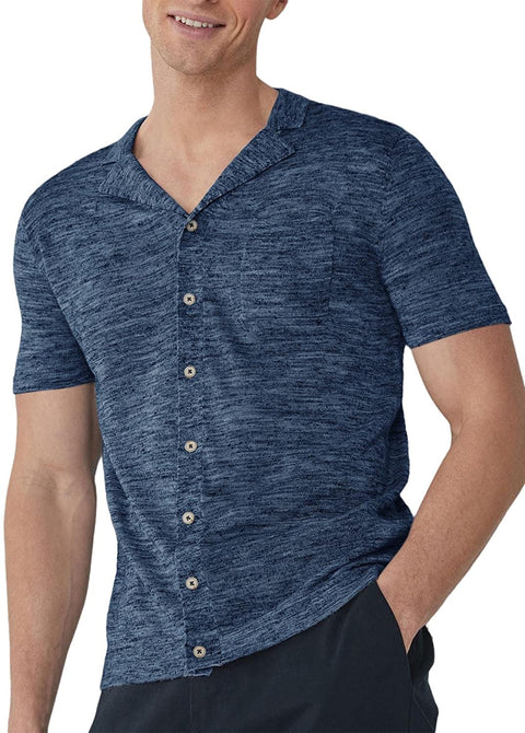 Mens Button Down Shirts Knitted Short Sleeve Casual Lapel V Neck Loose Fit Lightweight Tops with Chest Pocket