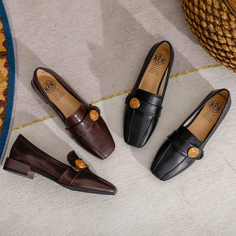 KANGFEINI Suitable for Casual Walking Women's Cute Medallion Square-Headed Shoes Le Fu Flat Bottom Comfortable Japanese Work Shoes