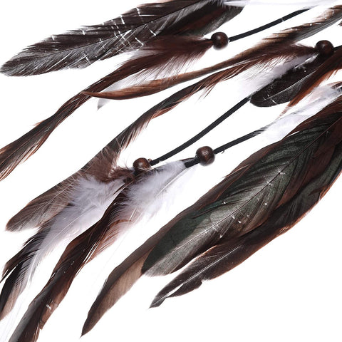 Hippie Feather Extension Hair Ties - AWAYTR Boho Feather Crown Elastic Gypsy Festival Headband Indian Hair Accessories 1970s (White + dark brown)