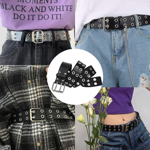 Double Grommet PU Leather Belt for Women/Men Punk metal Jean Belt Wide 1.5 Inch