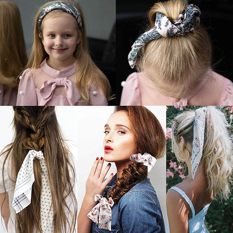 AWAYTR Chiffon Ponytail Hair Scarf Scrunchies - 4 Packs Flower Cashew Leopard Ripple Point Elastic Hair Ties Bow for Women (White + Grey + Turmeric + red)