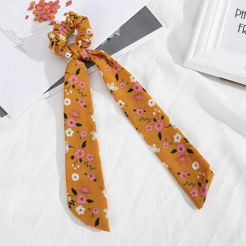 AWAYTR Chiffon Ponytail Hair Scarf Scrunchies - 4 Packs Flower Cashew Leopard Ripple Point Elastic Hair Ties Bow for Women (Floral(Yellow+White+Pink+Black))