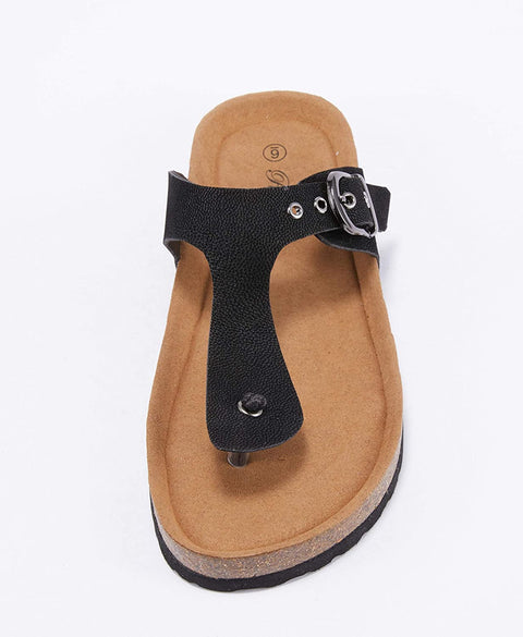 Womens Thong Sandals Slip-On Flats Adjustable T Strap Buckle Footbed Flip-Flop Cork Shoes