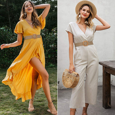 Fashion Wide Straw Woven Elastic Stretch Waist Band Belt Summer Bohemian Ladies Beach Dress Belts