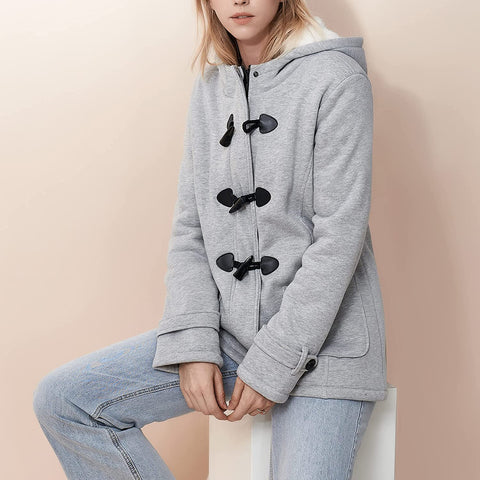 Women's Fuzzy Fleece Pea Coat Winter Casual Zip Up Button Jacket Fashion Warm Long Sleeve Hooded Outerwear with Pockets