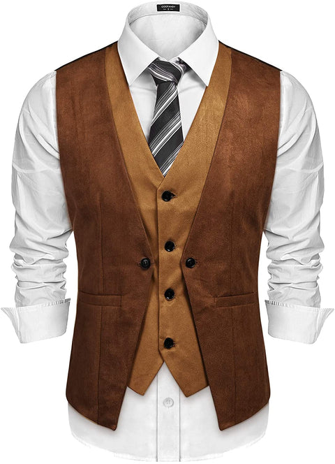 Men's Suede Leather Vest Layered Style Dress Vest Waistcoat