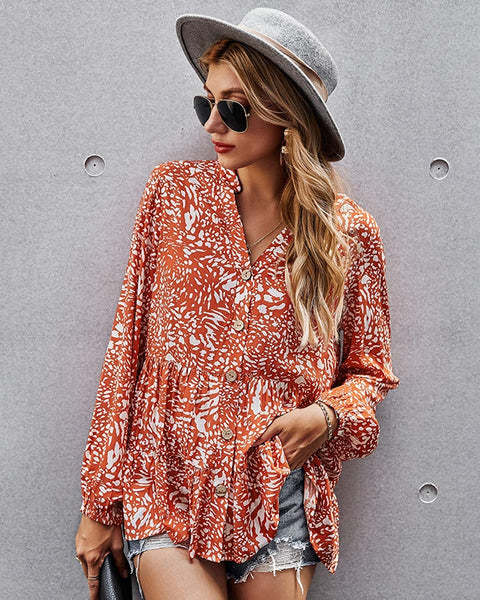ayreus Women's Floral Prints V-Neck Blouse Shirts Button Down Long Sleeve Flowy Tunic Top