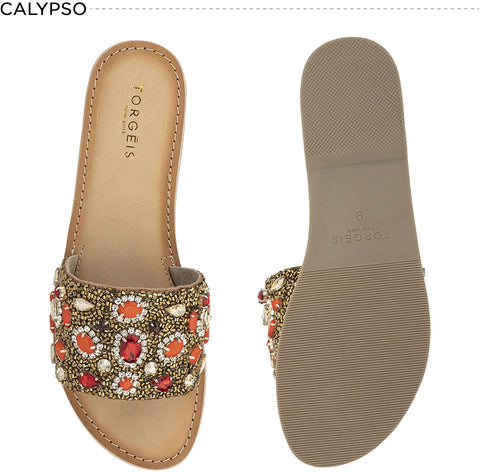 Torgeis Women's Calypso Slide Flats Sandals, Round Open Toe, Thermoplastic Rubber Outsole