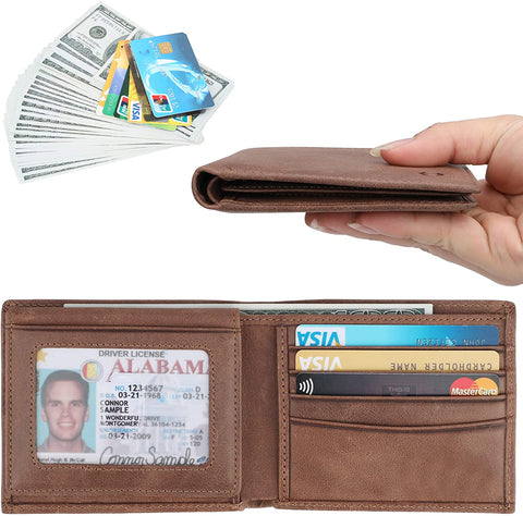 RFID Blocking Cowhide Leather Bifold Wallet for Men with 2 ID Windows