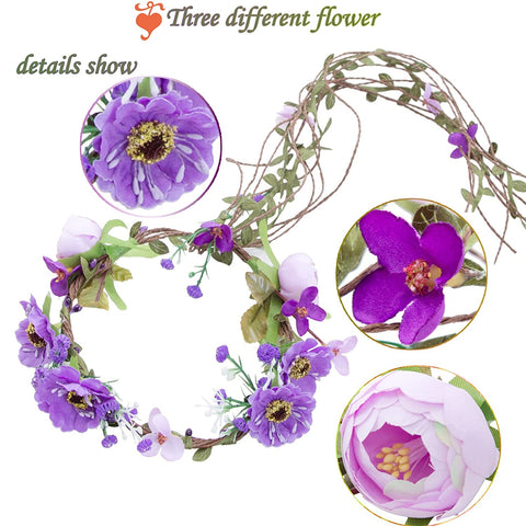 Flower Crown Headband Floral Headpiece - AWAYTR Women Girl Bohemia Adjustable Tree Rattan Leaf Flower Garland Hair Wreath Wedding photography Decoration (Purple)