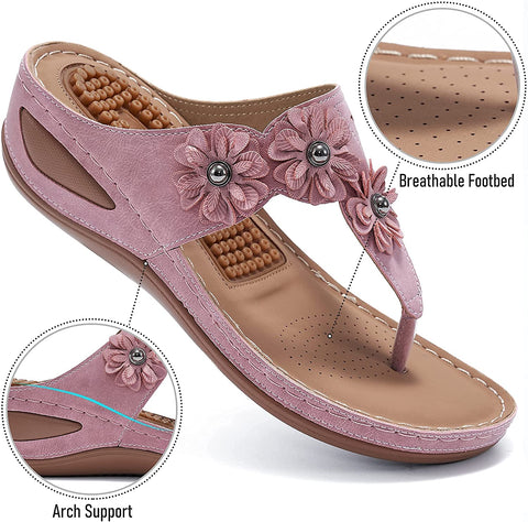 Womens Wedge Flip Flops Sandals with Arch Support Summer Comfortable Platform Bohemia Flat Shoes Massage Function Casual Thong Sandal