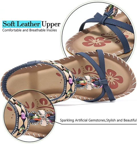 Womens Summer Comfort Flats Sandals with Elastic Ankle Strap Casual Gladiator Bohemian Rhinestone Shoes Beach Slip On Sandals Open Toe