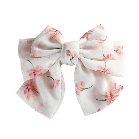 Chiffon Bow Barrettes Hair Clips - AWAYTR 2 Packs Flower Elastic Hair Bow for Women Wedding Party (White+Pink)