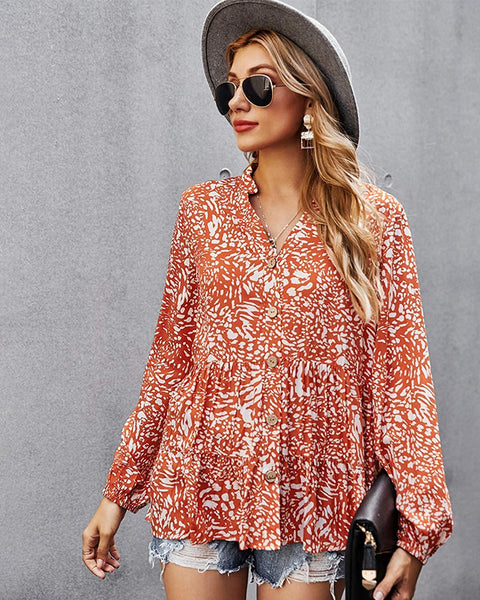 ayreus Women's Floral Prints V-Neck Blouse Shirts Button Down Long Sleeve Flowy Tunic Top