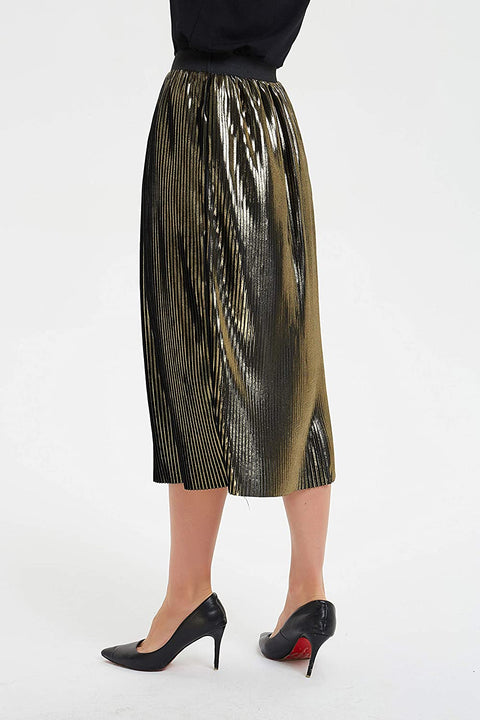 Womens Golden Metallic Shiny A Line Accordion Elastic Waistband Pleated Midi Skirt