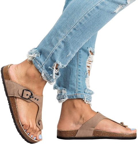 Womens Thong Sandals Slip-On Flats Adjustable T Strap Buckle Footbed Flip-Flop Cork Shoes