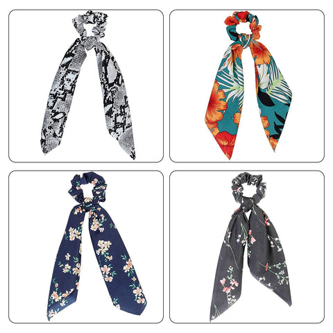 AWAYTR Chiffon Ponytail Hair Scarf Scrunchies - 4 Packs Flower Cashew Leopard Ripple Point Elastic Hair Ties Bow for Women (Gray + Green + Navy + Black)