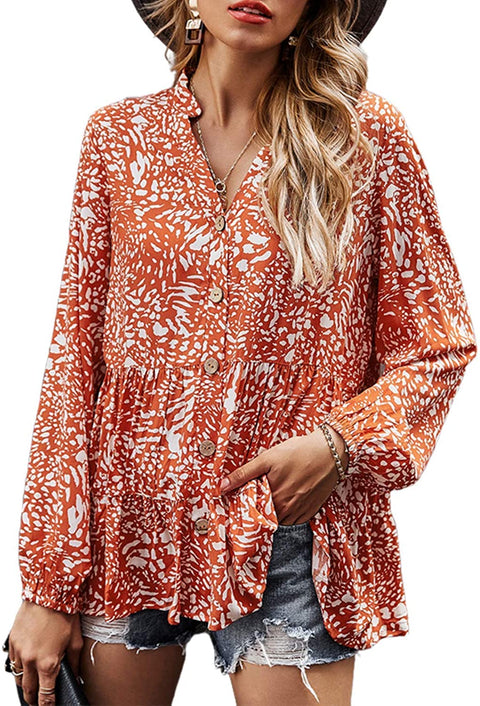 ayreus Women's Floral Prints V-Neck Blouse Shirts Button Down Long Sleeve Flowy Tunic Top