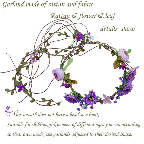 Flower Crown Headband Floral Headpiece - AWAYTR Women Girl Bohemia Adjustable Tree Rattan Leaf Flower Garland Hair Wreath Wedding photography Decoration (Purple)