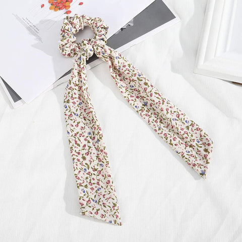 AWAYTR Chiffon Ponytail Hair Scarf Scrunchies - 4 Packs Flower Cashew Leopard Ripple Point Elastic Hair Ties Bow for Women (Floral(Black+Beige+Yellow+Black))