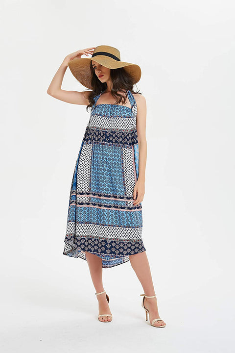 Womens Border Print Pull-on Elastic Waistband Long Skirt Neck Tie Dress