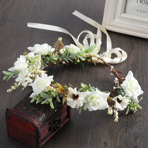 Leaf Flower Crown Garland Headpiece - Handmade Hair Garland Floral Wreath Adjusatble Flower Headbands for Bridal Wedding Festival Party Flower Leaves Crown (Cream white)