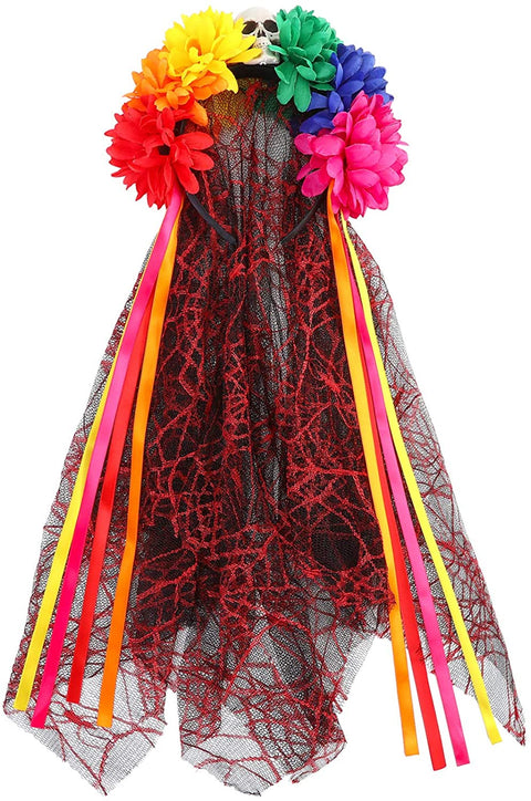 AWAYTR Halloween Spider Rose Flower Headband Veil Leave Rose Large Spider Flower Crown Headdress for Women Girls